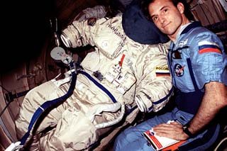 View of NASA/Mir-23 researcher Jerry Linenger with ORLAN-M space suits.